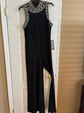 MSK Embellished Black Jumpsuit with High Beaded Collar